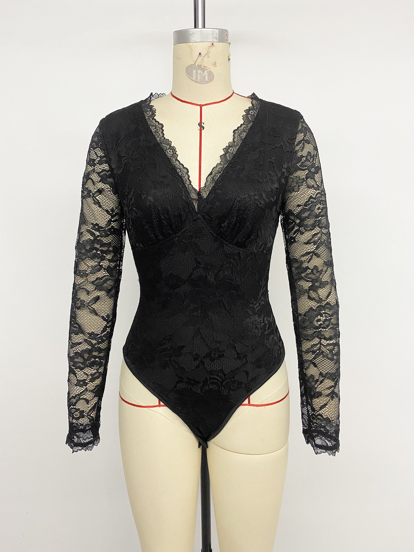 Black Lace V Neck Long Sleeve Slim Fit Bodysuit