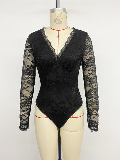 Black Lace V Neck Long Sleeve Slim Fit Bodysuit
