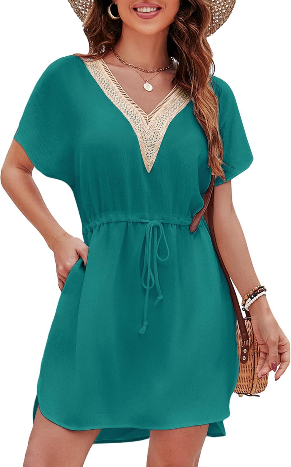 Short Sleeve Boho Cover Up Dress with Crochet Detail