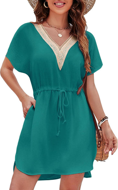 Short Sleeve Boho Cover Up Dress with Crochet Detail