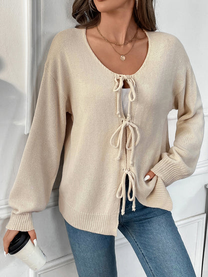 Sweet Ribbon Tie Front Knit Cardigan Long Sleeve Casual Sweater