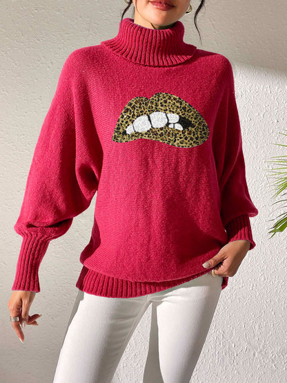 Ladies Bottom Shirt Sequin Embroidered Lip Turtleneck