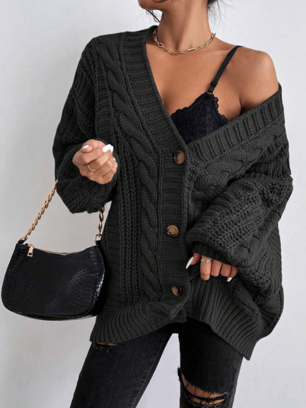 Women's V Neck Cable Knit Lantern Sleeve Cardigan