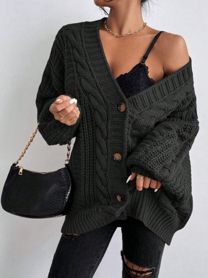 Women's V Neck Cable Knit Lantern Sleeve Cardigan