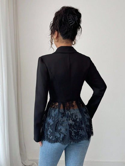 Colorblock Lace Waist Fitted A-Line Blazer for Women