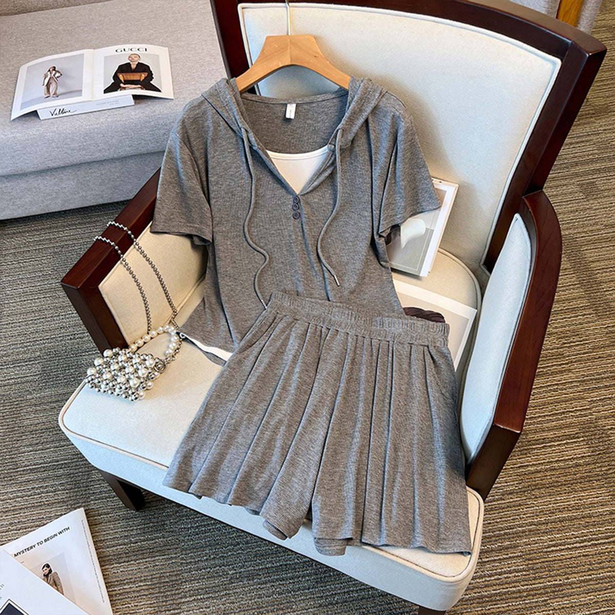 Women's Plus Size Hooded Top and Pleated Shorts Set