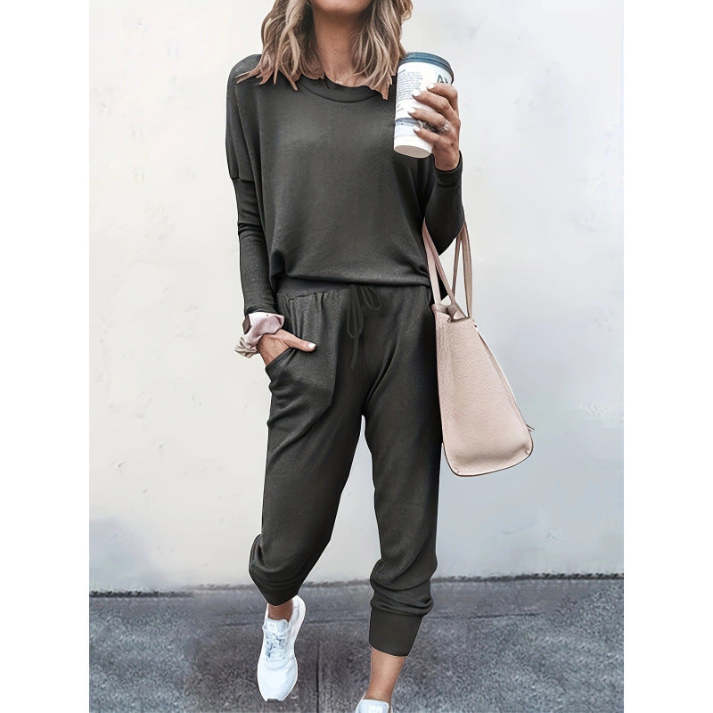 Womens Solid 2 Piece Lounge Set Long Sleeve Jogger Pants