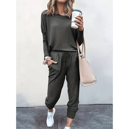 Womens Solid 2 Piece Lounge Set Long Sleeve Jogger Pants
