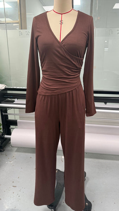 Women's 2 Piece V Neck Wide Leg Pants Lounge Set