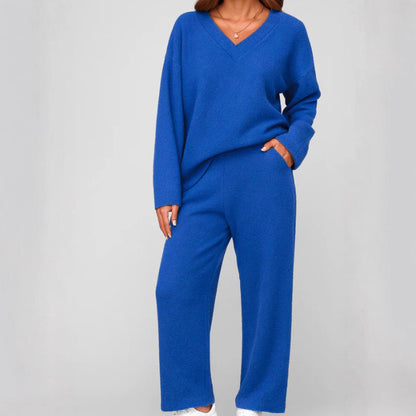 Women's V Neck Knit Two Piece Lounge Set Wide Leg Pants