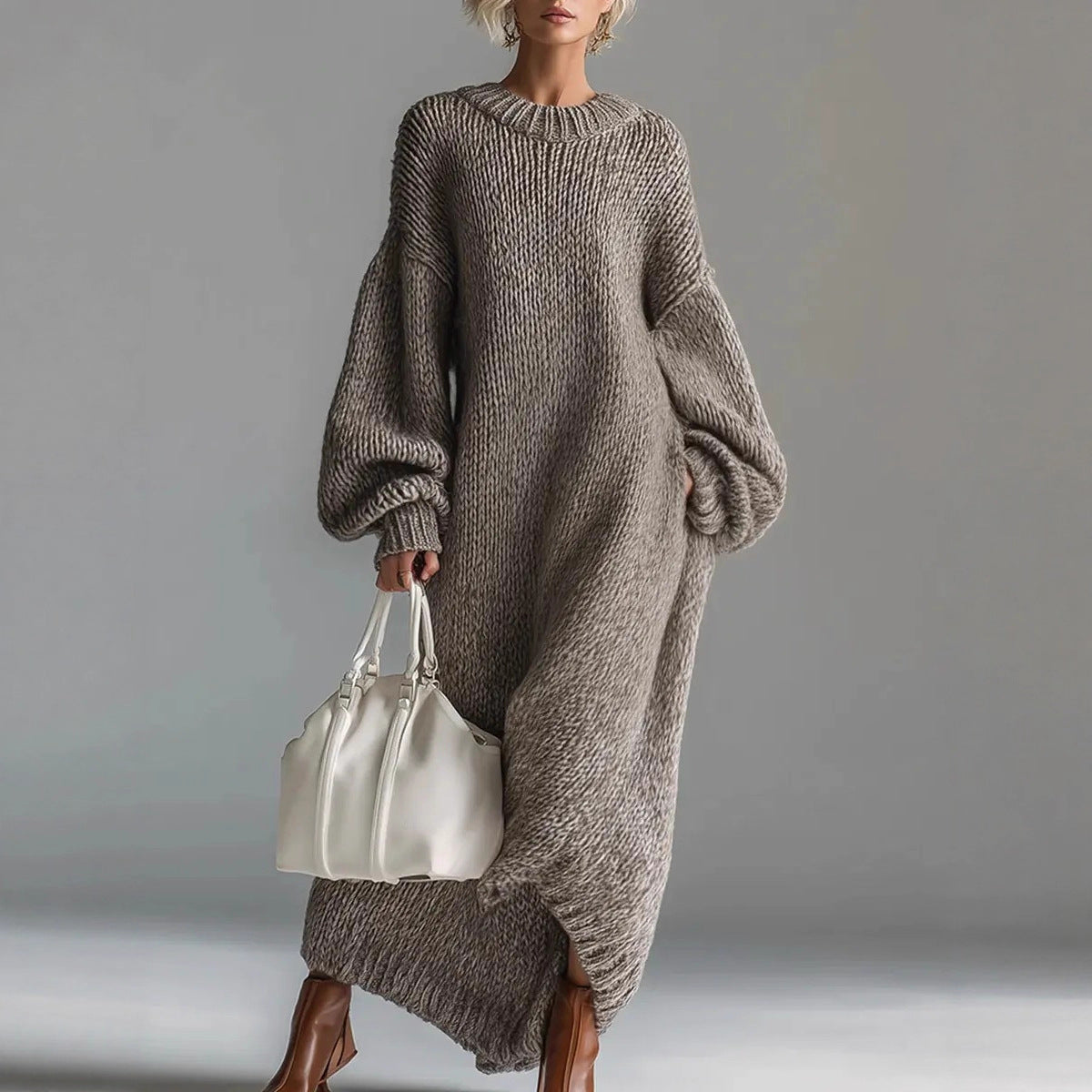 Crew Neck Balloon Sleeve Chunky Knit Maxi Sweater Dress