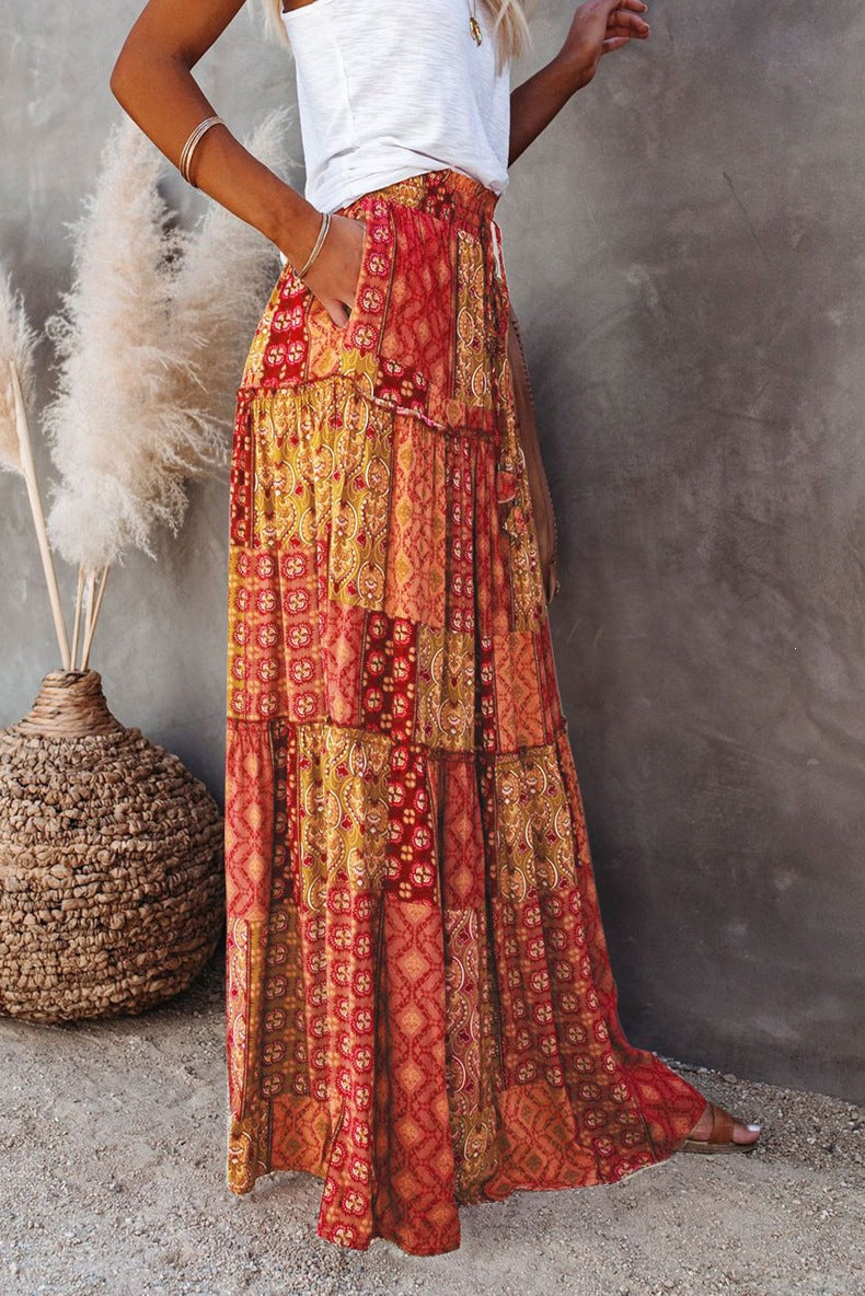 Boho Print Maxi Skirt High Waist Flowy Patchwork