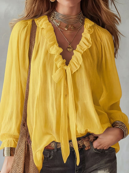 Women's Ruffle V Neck Tie Front Long Sleeve Blouse