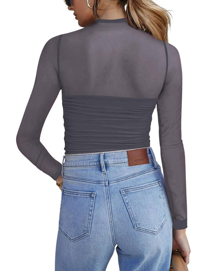 Y2K Mesh Semi-Turtleneck Long Sleeve Sexy T-Shirt