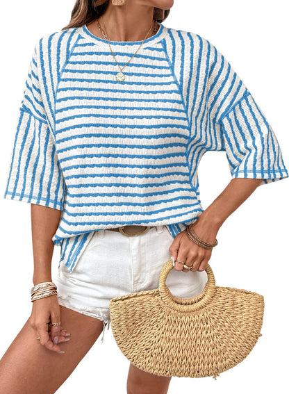 Striped Cotton Blend Tee Casual Half Sleeve Top