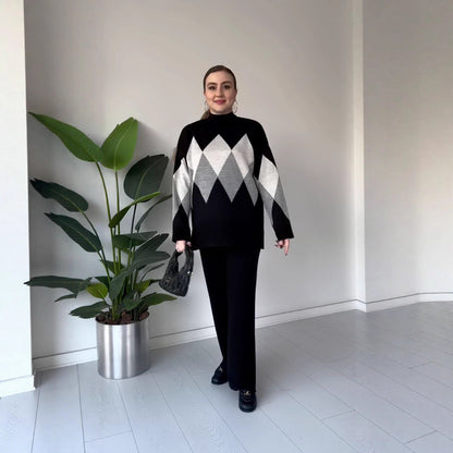 Women's Argyle Knit Sweater & Pants Two Piece Lounge Set