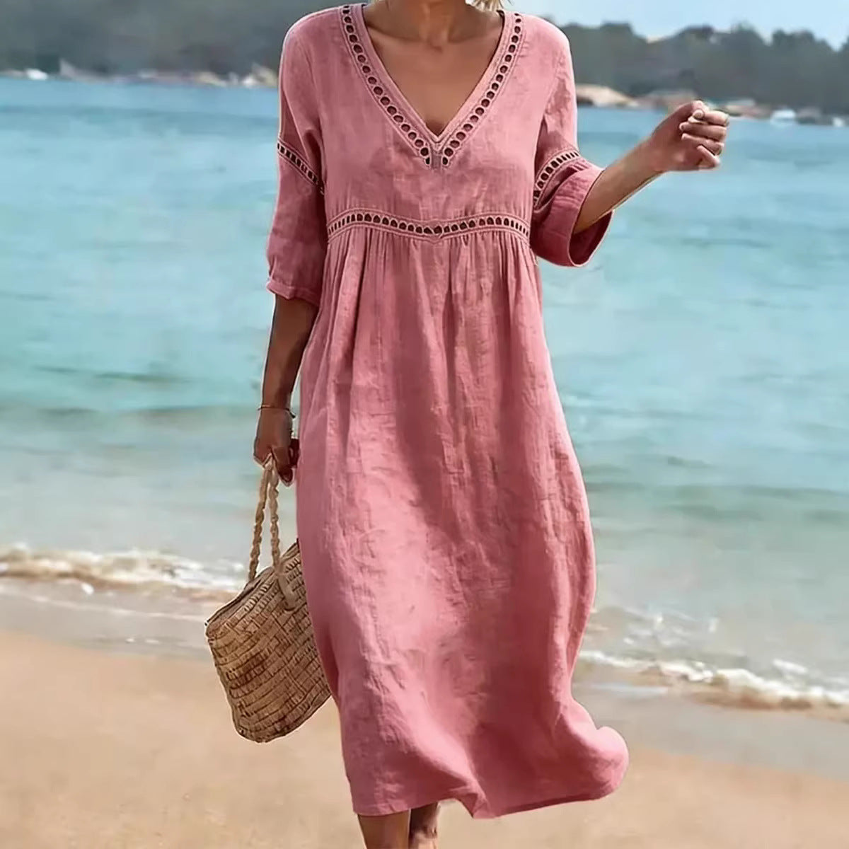 Women's V-Neck Eyelet Midi Dress Flowy 3/4 Sleeve