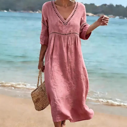 Women's V-Neck Eyelet Midi Dress Flowy 3/4 Sleeve