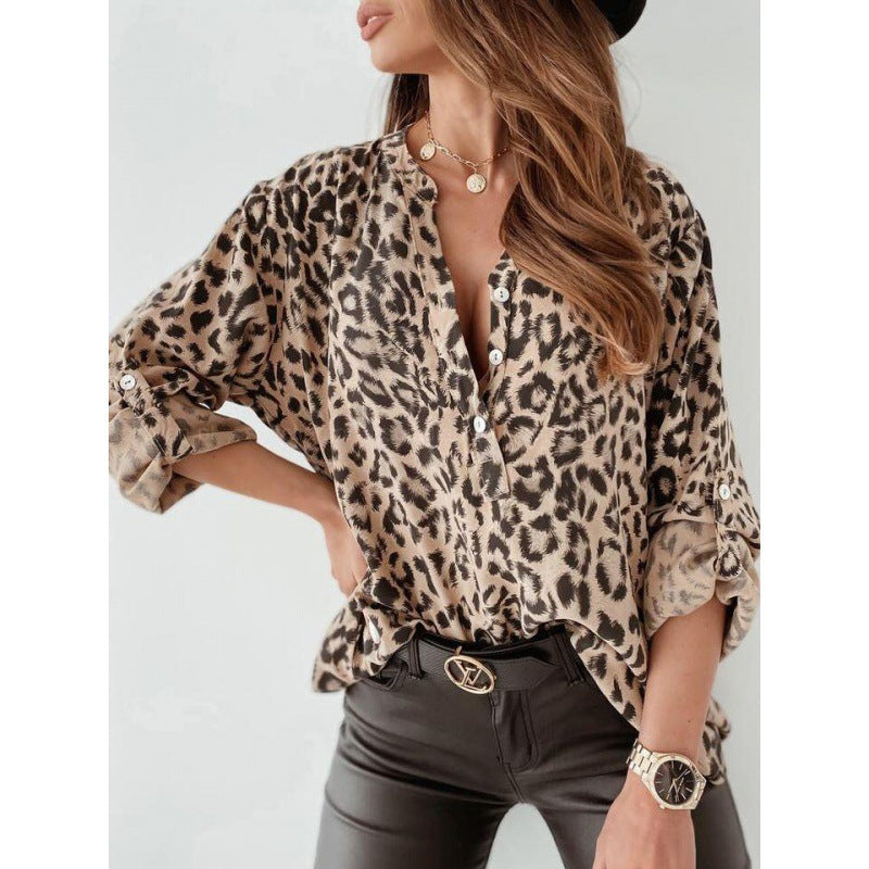 Womens Leopard Print Button Down Blouse Roll Tab Sleeve Top