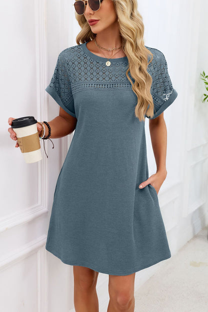Blue Gray Yoke Loose T Shirt Dress Crew Neck