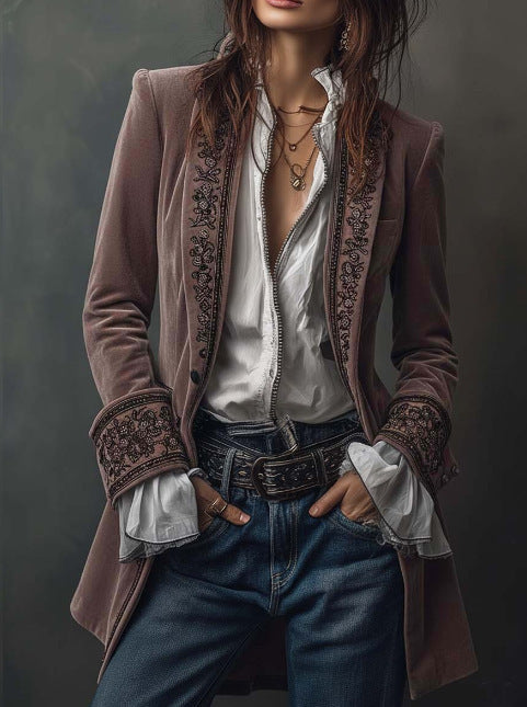 Women's Velvet Embroidered Blazer Open Front Vintage