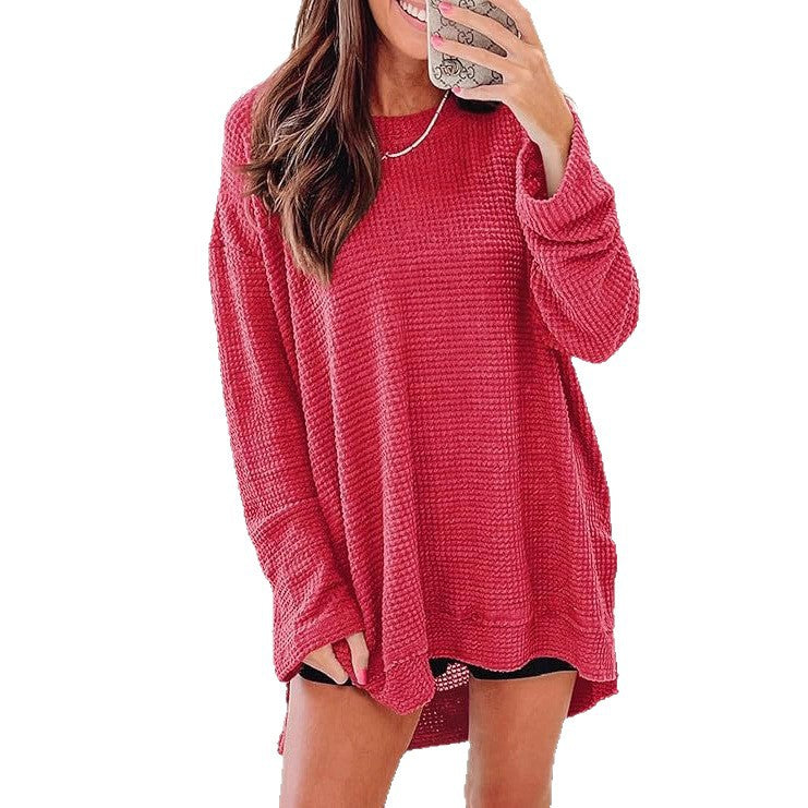 Oversized Waffle Knit Crew Neck Side Slit Long Sleeve Tunic
