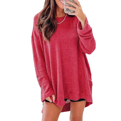 Oversized Waffle Knit Crew Neck Side Slit Long Sleeve Tunic
