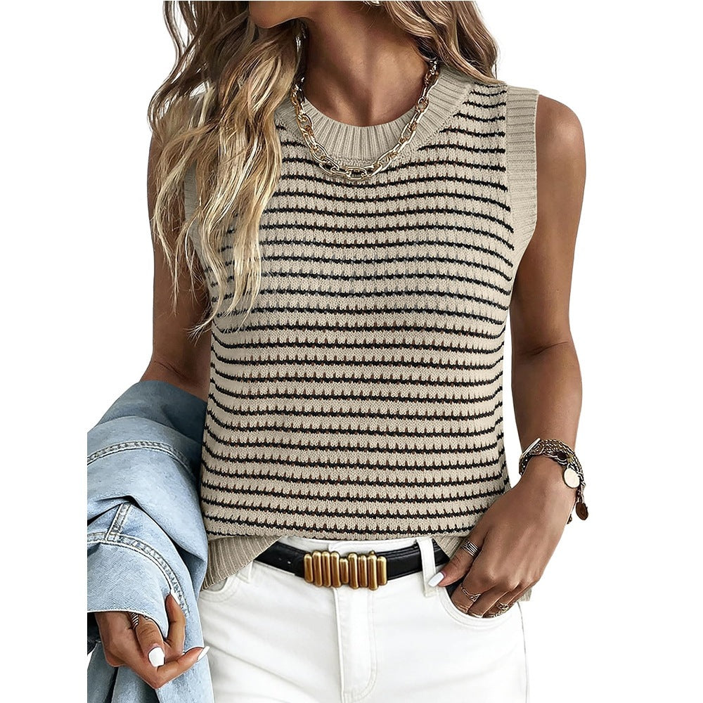 Striped Knit Sleeveless Tank Top Hollow Summer Sweater
