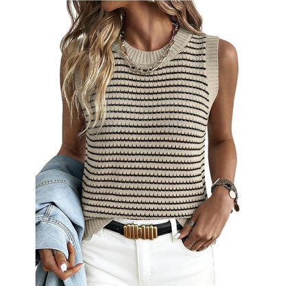 Striped Knit Sleeveless Tank Top Hollow Summer Sweater