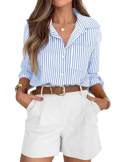 Striped Button Down Shirt Collared Pocket Blouse Top