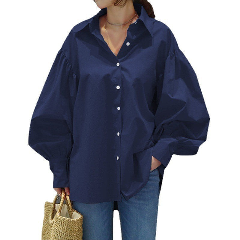Women's Oversized Balloon Sleeve Collared Button-Up Blouse