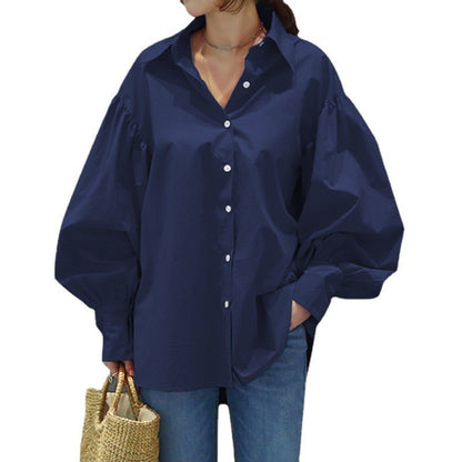 Women's Oversized Balloon Sleeve Collared Button-Up Blouse