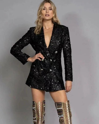 Women's Black Sequin Blazer Double Breasted Long Sleeve