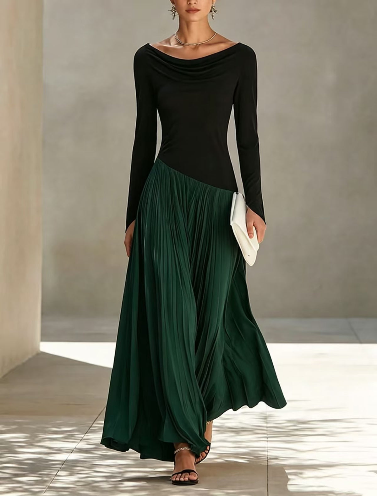 Cowl Neck Colorblock Long Sleeve Pleated Maxi Dress