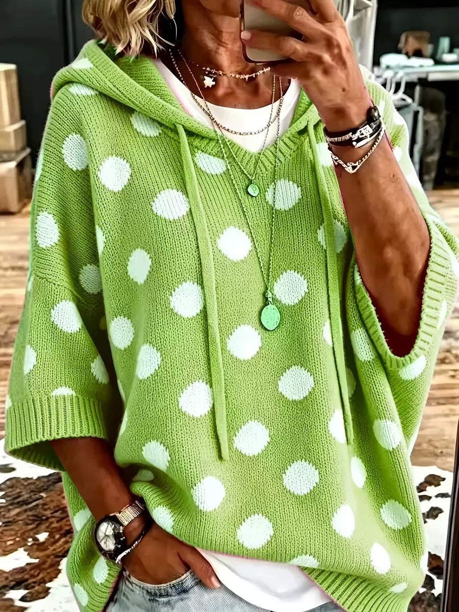 Women's Polka Dot Hooded Knit Sweater Oversized 3/4 Sleeve