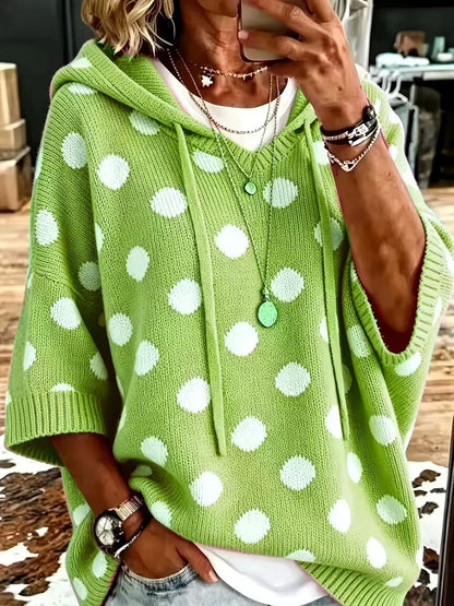 Women's Polka Dot Hooded Knit Sweater Oversized 3/4 Sleeve