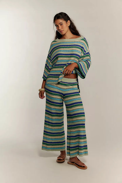 Boho Striped Knit Two Piece Set Wide Leg Pants