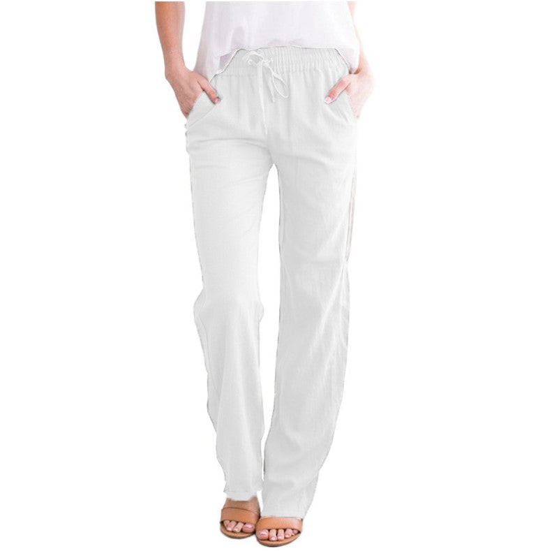Women's Cotton Linen Drawstring Wide Leg Casual Pants