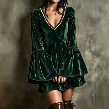 Boho Velvet Bell Sleeve Mini Dress Pearl V-Neck