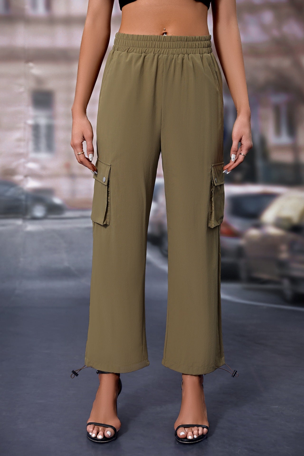 Women's High-Waisted Drawstring Cargo Pants, Baggy Parachute Utility Trousers
