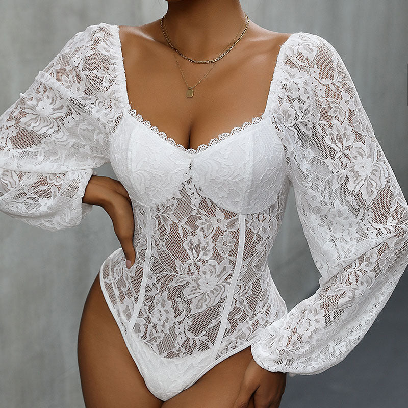 Lace Long Sleeve Bodysuit V Neck Sheer Mesh Teddy