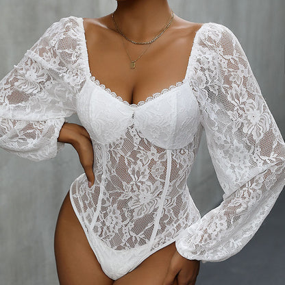 Lace Long Sleeve Bodysuit V Neck Sheer Mesh Teddy