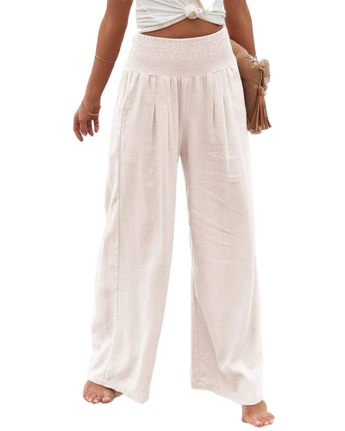 Women's Smocked High Waist Wide Leg Cotton Pants Pockets