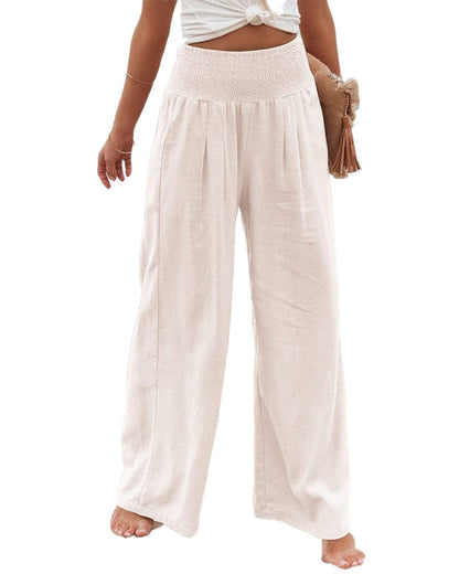 Women's Smocked High Waist Wide Leg Cotton Pants Pockets