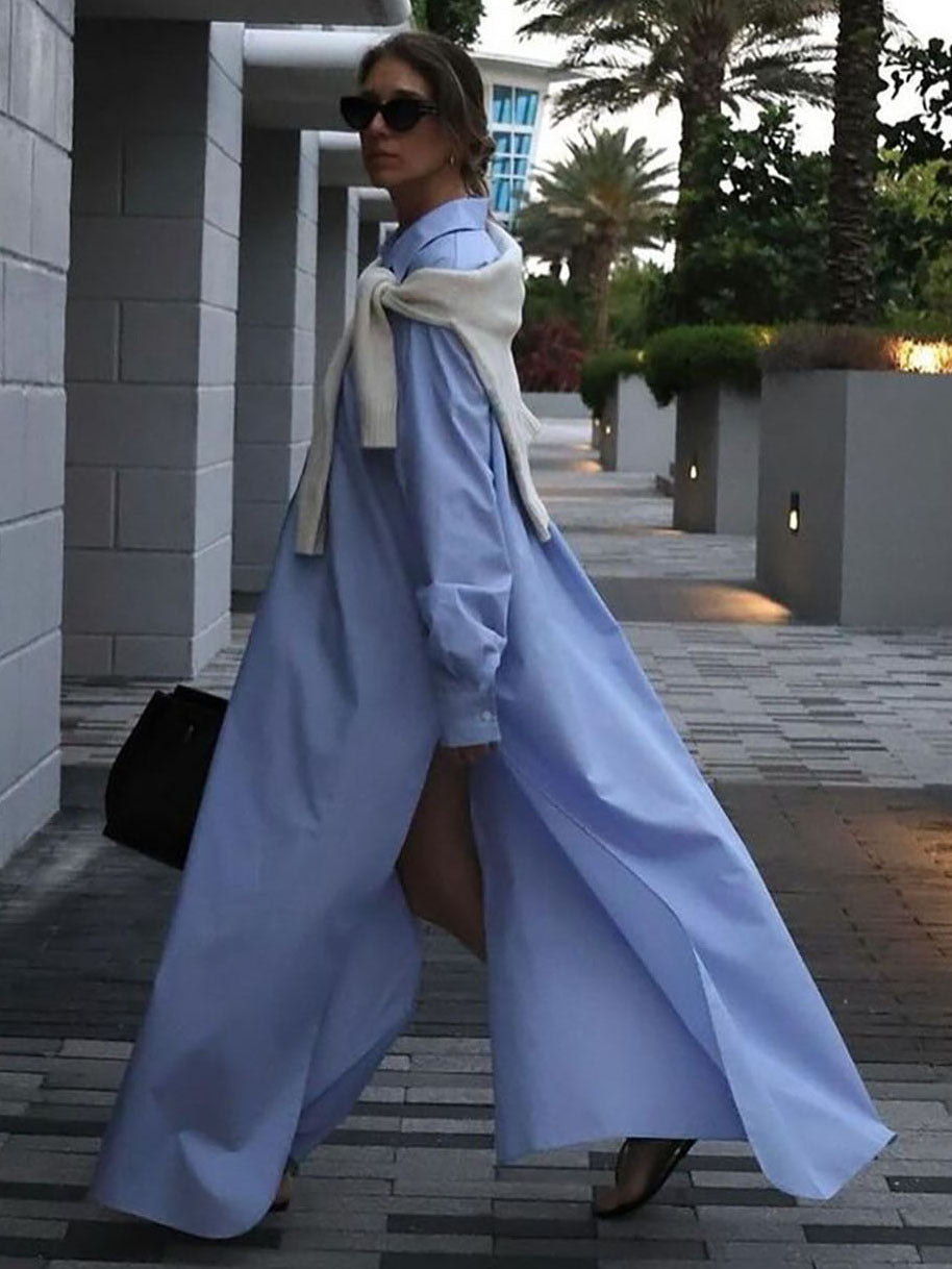 Cotton Maxi Shirt Dress Long Sleeve Collared Slit