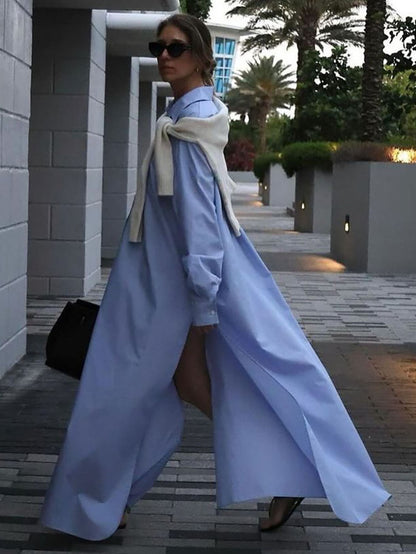Cotton Maxi Shirt Dress Long Sleeve Collared Slit