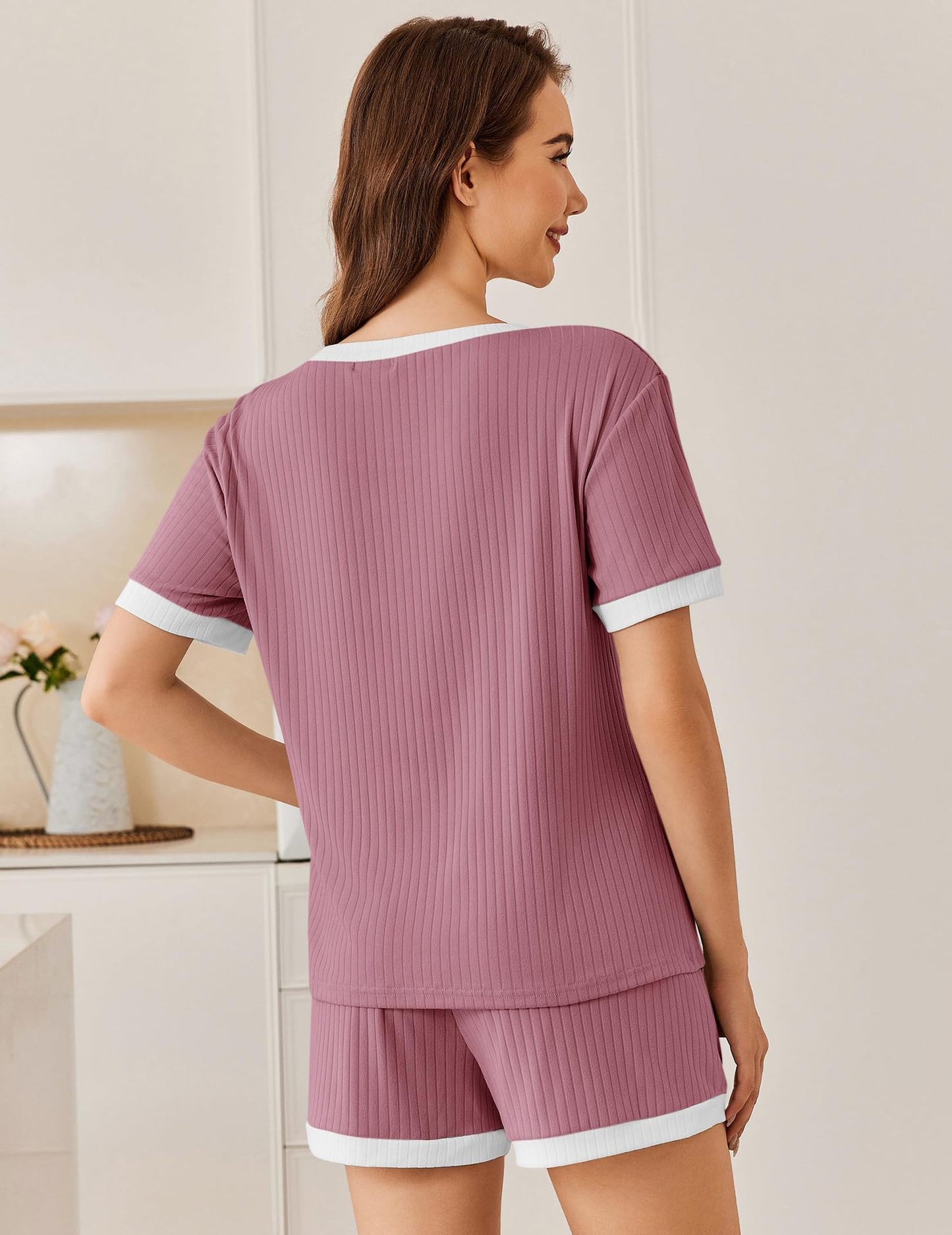 Ribbed Colorblock Lounge Shorts Set Summer Pajama