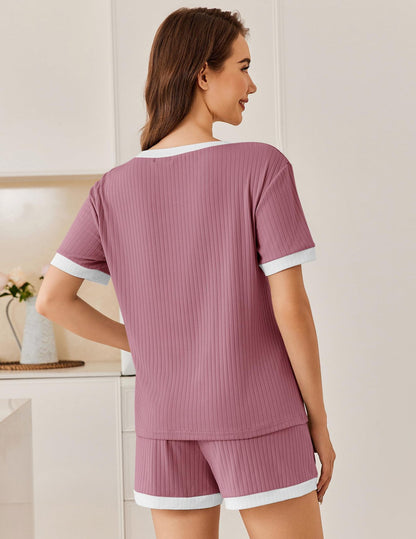 Ribbed Colorblock Lounge Shorts Set Summer Pajama