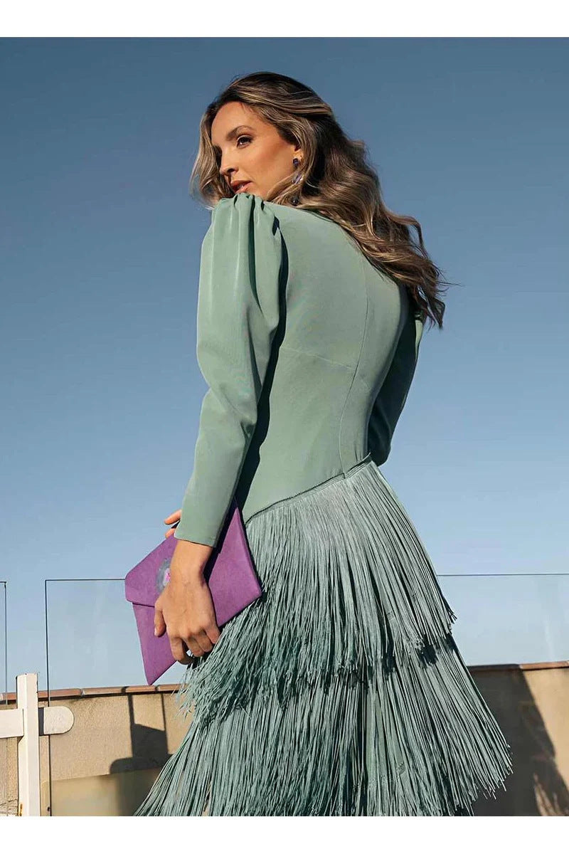 Fringe Maxi Dress Deep V Neck Long Sleeve Bodycon Party