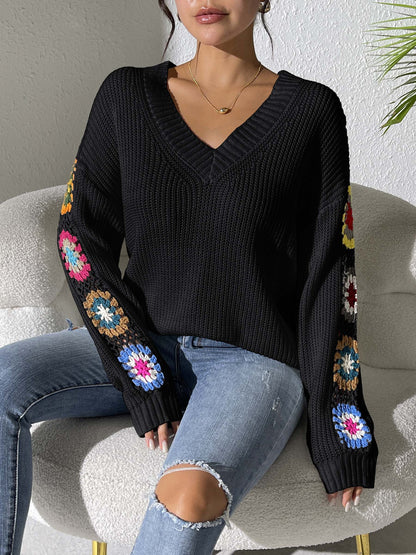 Women's Hand Hook Splicing Long Sleeve V-Neck Sweater Casual